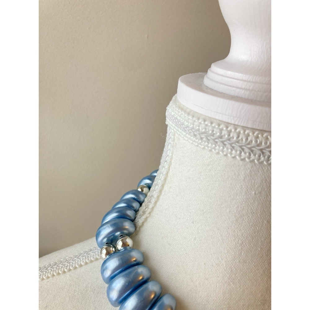 Vintage Blue Ribbed Bead Choker Necklace Silver Tone Retro Statement Chunky Glam - Picture 5 of 7
